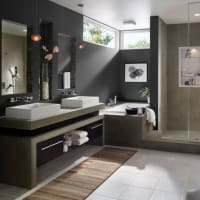 Modern monochrome bathroom with twin basins by Aaron Steven Construction